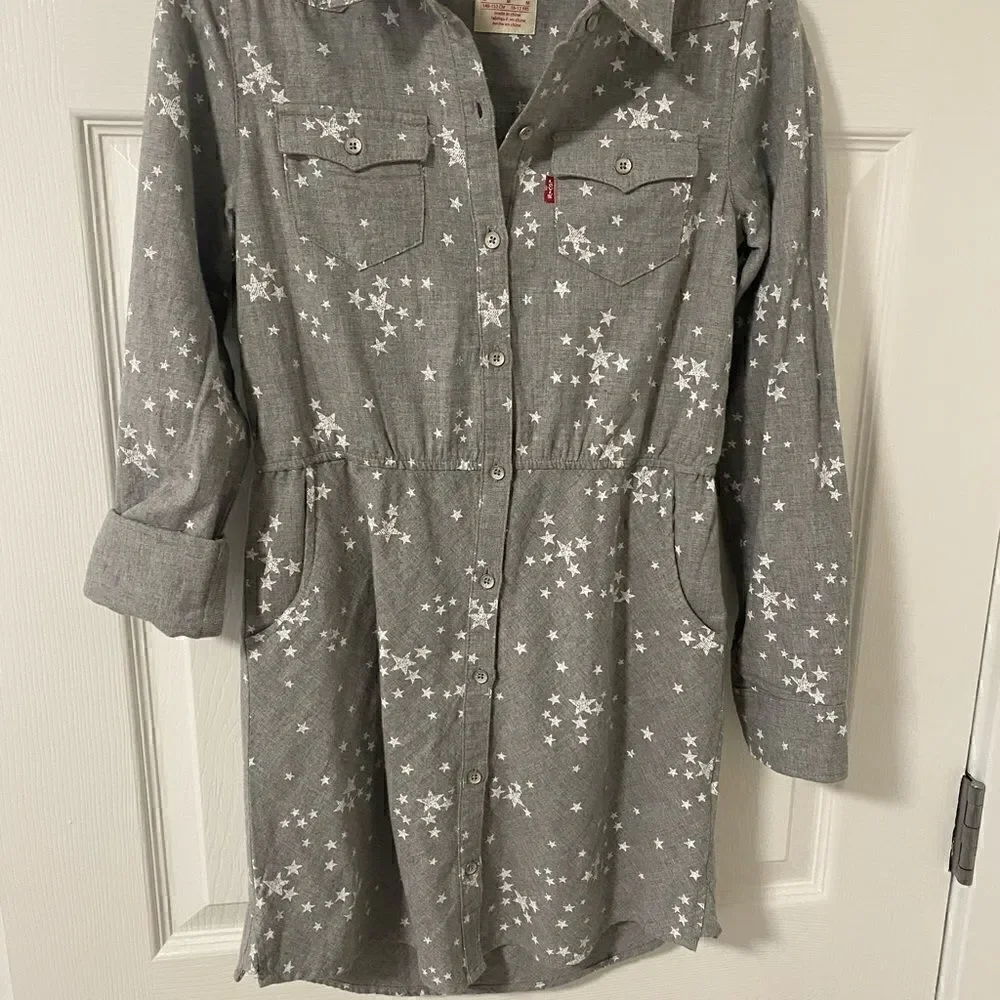 Levi’s Girls Shirt Dress Long Sleeve Gray Printed Stars Size M Youth (10-12) EUC